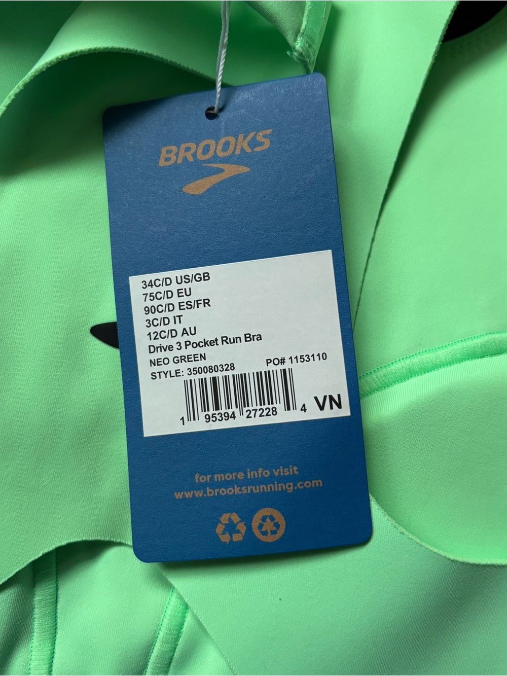 NWT Brooks Drive 3 Pocket Run Sports Bra Padded Neon Green Size 34C/D Women's - Picture 4 of 6